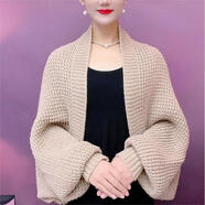 沐夏朵旗袍披肩高端秋冬款秋冬保暖時(shí)尚新款密織網(wǎng)格開(kāi)衫針織長(cháng)袖披肩洋 卡其色-純色長(cháng)袖披肩