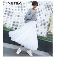 VITIV 香港潮牌網(wǎng)紗半身裙 2022新款女裝四季時(shí)尚百搭松緊腰修身顯瘦A字裙長(cháng)款垂感仙女裙子 三層白色 75CM