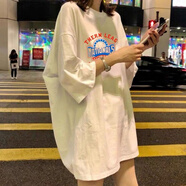 愷吉銳新款女裝港風(fēng)大版寬松T恤女短袖中長(zhǎng)款韓版ulzzang上衣ins潮 白色【紅藍(lán)字母】 S 【適合75至98斤】