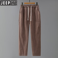 吉普（JEEP）苧麻直筒長(cháng)褲男士透氣復古百搭系帶棉麻布料休閑褲寬松純色亞麻褲 咖啡色 L