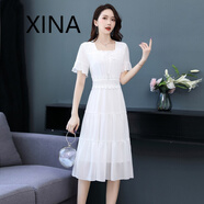 犀納（XINA）潮牌高端蕾絲裙子夏2024新款短袖中長款A(yù)字雪紡裙修身顯瘦連衣裙 白色（優(yōu)質(zhì)版） XL 103-112斤