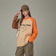 CHUU字母愛心拼色T恤女2025秋季新品明線撞色百搭寬松長袖上衣 卡其色 均碼