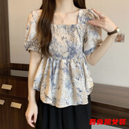 顏熏末法式方領(lǐng)碎花甜美襯衫女夏季設計感小眾法式減齡顯瘦漂亮小衫上衣 藍色花 M 【80-100斤】