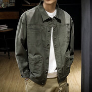 古先森工裝夾克男寬松大碼秋冬款男士休閑外套男生褂子上衣服男裝外套潮 軍綠色004 2XL 【體重180-200斤】