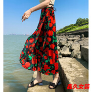 美安嘉傣族裙子女西雙版納民族風(fēng)印花開(kāi)叉裹裙海邊度假一片式綁帶半身裙 黑底大紅花-a字半身裙 均碼 系帶腰圍可調(diào)節(jié)-a字半身裙