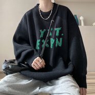 OEMG 圓領(lǐng)毛衣男女秋冬季加厚美式潮牌字母線(xiàn)衣寬松慵懶風(fēng)套頭針織衫 黑色 XL [建議125-140斤]