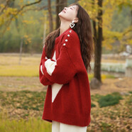 燕潯慵懶風(fēng)紅色大版毛衣女2025秋冬新款韓系菱形寬松洋氣針織衫女上衣 紅色 M (建議80-120斤)