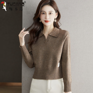 啄木鳥(niǎo)2025秋裝新款高腰短款毛衣女薄款翻領(lǐng)針織衫外穿打底衫 卡其色 L 建議105-115斤