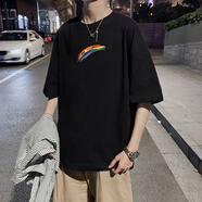 胖子特大碼230斤肥佬短袖T恤男圓領(lǐng)夏季裝加肥大碼潮流胖子彩虹印花半袖寬松韓版清新加肥加大碼潮牌 黑色 5XL210至230斤可穿