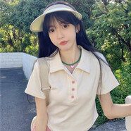 翊尚美短袖t恤女夏季棉質(zhì)短款正肩翻領(lǐng)polo衫女裝新款甜辣風(fēng)修身上衣 8427杏色polo領(lǐng)【棉質(zhì)薄款】 M 【適合95-105斤】