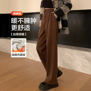 德瑪納顯瘦保型冬季中腰直筒女褲口袋松緊長褲休閑褲子女 咖啡色 XL