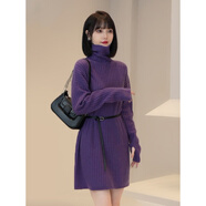 森蓮娜（SENLIANNA）2024秋冬新款高領(lǐng)針織連衣裙女收腰顯瘦設(shè)計感中長款氣質(zhì)毛衣裙子 紫色毛衣 均碼