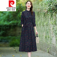 皮爾卡丹氣質(zhì)長(cháng)袖連衣裙女春秋薄款2021洋氣減齡棉麻碎花長(cháng)裙針織 丈青 M