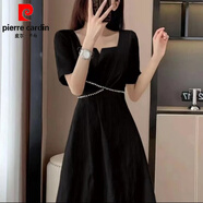 皮爾卡丹（pierre cardin）法式復(fù)古妹赫本風(fēng)感提花連衣裙夏季新款修身顯瘦釘珠長(zhǎng)裙好穿的 黑色 XL 【建議120-140斤】
