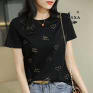 SXA香港潮牌短袖t恤女絲光棉2025夏季新款燙鉆印花T恤百搭打底上衣 黑色愛(ài)心 S