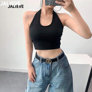 嘉麗薇吊帶背心女夏季新款打底辣妹美背高腰性感露背掛脖運動短款上衣 黑色 M