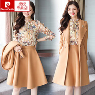 皮爾卡丹（pierre cardin）秋冬外裝女時尚兩件裝2023新款冬季加厚中長款韓版毛呢連衣裙 駝色毛呢大衣+小衫加絨+毛呢裙 L