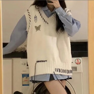 XIPR韓版甜美V領(lǐng)蝴蝶明線拼色針織衫毛衣馬甲背心女學(xué)院風(fēng)襯衫兩 白色馬甲+藍色襯衫 S