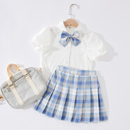 jk裙套裝全套夏季兒童學(xué)院風(fēng)班服夏天半身短裙女童10歲裙子粉色格子裙 鳶尾藍(lán)套裝(沒(méi)有包包) 130cm