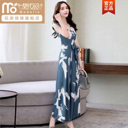 莫代爾雪紡連體褲2025夏天女士新款印花時(shí)尚洋氣垂感輕熟闊腿背帶褲套裝 藍色連體褲 S 80-90斤