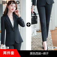 BUTAO小西裝女外套夏季新品白色百搭中袖西服套裝裙時尚兩件套 黑色長/袖西裝+西褲 L