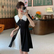 初戀連衣裙碎花拼接娃娃領(lǐng)2022夏季新款法式可甜小個(gè)子短袖小黑裙 黑色 有內襯【優(yōu)質(zhì)版】 S【建議75-95斤】