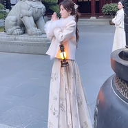 GOTCMUH馬面裙女款爆款2024新款秋冬婷婷新中式國(guó)風(fēng)高級(jí)感套裝女裝冬季小 米色羽絨服+米色馬面裙 兩件套 S