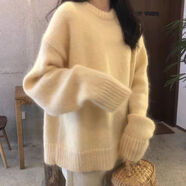矜持范仙奶黃色套頭毛衣女寬松慵懶風(fēng)圓領(lǐng)百搭甜美秋冬季新款外穿加厚 奶黃色 2XL 130-140斤