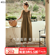 Olrain歐芮兒棕色無袖連衣裙女夏季新款寬松度假風掛脖裙子沙灘裙 棕色 L