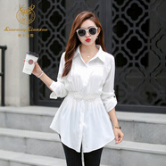 鹿王戀雪輕奢高端特大碼女裝夏裝新款雪紡衫韓版顯瘦中長(cháng)款200斤襯衫春秋 白色(長(cháng)袖) XL(適合100-118斤左右)