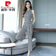 皮爾卡丹2024夏裝新款歐美時(shí)尚條紋雪紡連體褲休閑氣質(zhì)闊腿褲無(wú)袖連衣褲潮 條紋 M 【適合100-115斤左右】