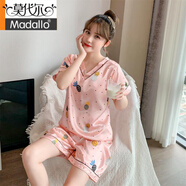 莫代爾品牌冰絲睡衣女夏季韓版清新V領(lǐng)薄款印花仿絲綢套裝可外穿家居服 815#粉色小菠蘿 M (適合80-100斤)
