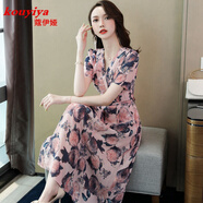 蔻伊婭新品真絲連衣裙女2025夏季新款女裝時(shí)尚洋氣V領(lǐng)花邊寬松短袖裙子 玫紅色  紅色花 M 125-135