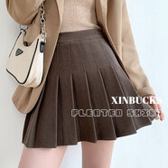 XINBUCKS百褶裙女短裙a字半身裙傘裙春秋高腰顯瘦夏季JK制服裙子冬學(xué)院風 深咖色-加長款（秋冬毛呢面料） M碼 90-105斤（腰圍70cm）