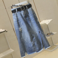 Mirza Mirror牛仔半身裙女2021夏季新款高腰显瘦破洞中长款开叉毛边一步A字裙 蓝色 M 送腰带