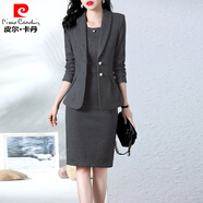 皮爾卡丹（pierre cardin）感秋裝兩件套套裝氣質(zhì)名媛薄款呢子西裝外套背心連衣裙套裝女 黑色 XL