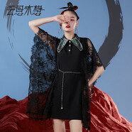云思木想摩登中國風2023夏季新款設計感拼接蕾絲花邊連衣裙10355 黑色 S