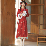 森女部落東方簡奢風紅色印花新年氛圍感改良新中式旗袍長袖連衣裙閨蜜裝 紅色旗袍（單件）（單件） M
