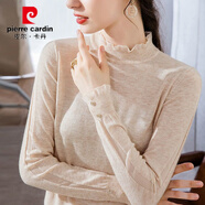 皮爾卡丹紗衣洋氣打底衫針織衫女春秋新款內(nèi)搭長(zhǎng)袖氣質(zhì)木耳邊毛衣半高領(lǐng) 杏色 2XL 120-130斤