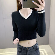 低領(lǐng)加絨加厚女毛衣學(xué)生一體絨V領(lǐng)加絨毛衣加厚打底衫女冬季百搭短款針織衫保暖上衣女 黑色_【一體絨】 XL_建議120-130斤