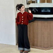 巴萊恩娜女童秋裝套裝2025新款洋氣童裝潮毛衣開(kāi)衫牛仔褲女大童春秋兩件套 紅色【毛衣+褲子】 140cm