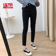 UKMR春秋新款黑色九分彈力打底小腳牛仔褲女中高腰韓版顯瘦顯高長褲女 黑色【長褲】 常規(guī) 28 建議100-110斤