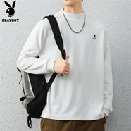 花花公子（PLAYBOY）長袖T恤男春秋季衛(wèi)衣男士休閑男裝純色上衣服德絨打底衫 白色 L