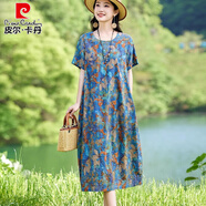 皮爾卡丹休閑棉麻連衣裙女夏季薄款2025新款寬松遮肚洋氣中年媽印花裙子 藍色 2XL 135-145斤左右
