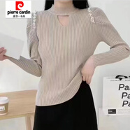 皮爾卡丹（pierre cardin）2025秋冬新款重工釘珠露鎖骨掛脖泡泡袖針織打底衫毛衣內(nèi)搭上衣女 卡其 S