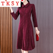 TKSY貴夫人時(shí)尚長(cháng)袖打底連衣裙2025新款女秋冬季百搭洋氣中年媽m裙子 紅色 5XL (155-170斤)