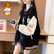 MXQP學(xué)院風(fēng)棒球服外套女2025秋冬新款韓版寬松休閑衛(wèi)衣百搭撞色上衣潮 79685黑色加絨 M 【80-110斤】