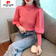 皮爾卡丹（pierre cardin）2024春秋新款重工釘珠半高領(lǐng)燈籠泡泡袖毛衫打底衫內(nèi)搭毛衣上衣 玫紅色【不釘珠普通版】 S 【70-90】斤