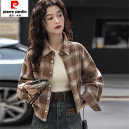 皮爾卡丹磨毛復(fù)古寬松2025格子新款小個(gè)子短款長(zhǎng)袖外套襯衫襯衣加絨加厚款 咖色 M 建議96-110斤