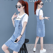 VIAFRR夏季牛仔背帶裙女新款裙子女裝減齡套裝連衣裙簡(jiǎn)約洋氣小個(gè)子套裝 【A01短袖套裝】白色+藍(lán)色背帶裙 M
